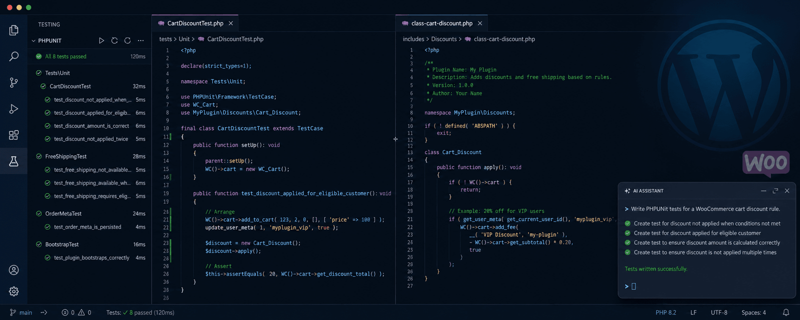 PHPUnit test results for a WordPress plugin alongside plugin code in a terminal