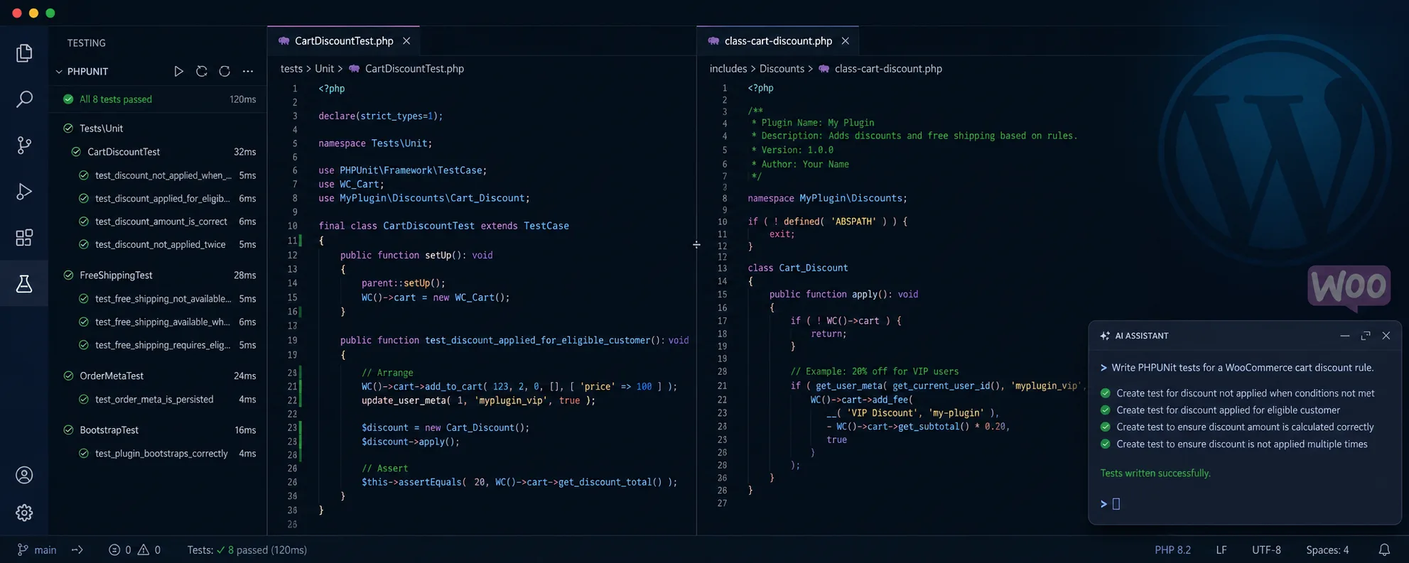 PHPUnit test results for a WordPress plugin alongside plugin code in a terminal