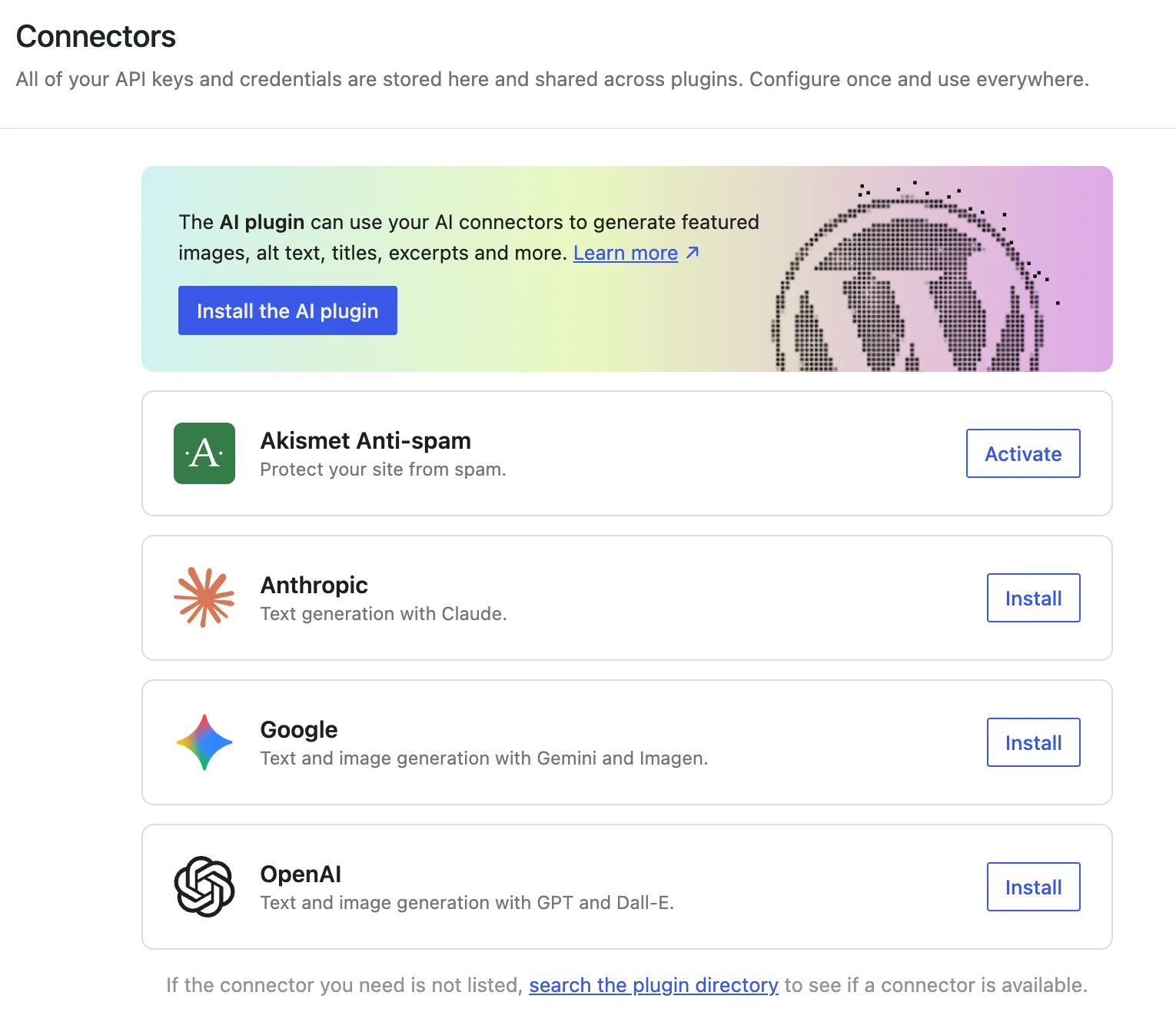 WordPress Connectors API Settings Page
