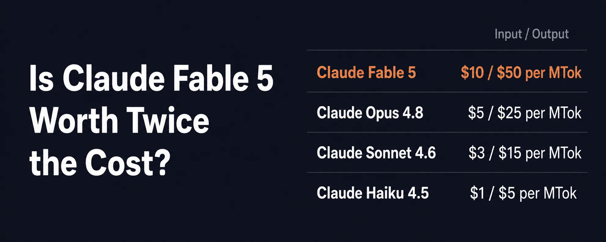 Claude Fable 5 pricing compared to Opus 4.8, Sonnet 4.6 and Haiku 4.5 per million tokens